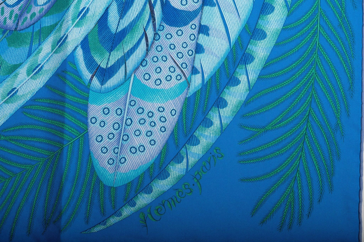 Hermes Turquoise Feather Silk Scarf