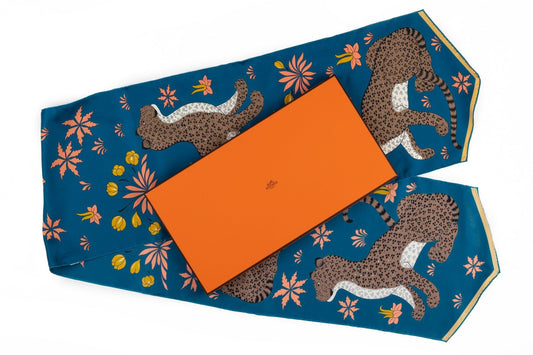 Hermes Blue Guepards Silk Stole