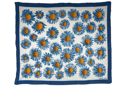 Hermes Blue Daisies Cotton Silk Shawl