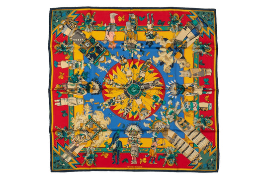 Hermes Red Yellow Silk Kachinas Scarf