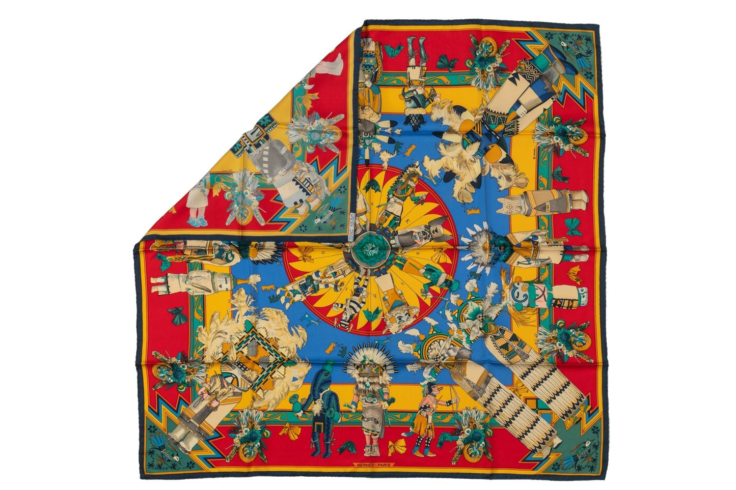 Hermes Red Yellow Silk Kachinas Scarf