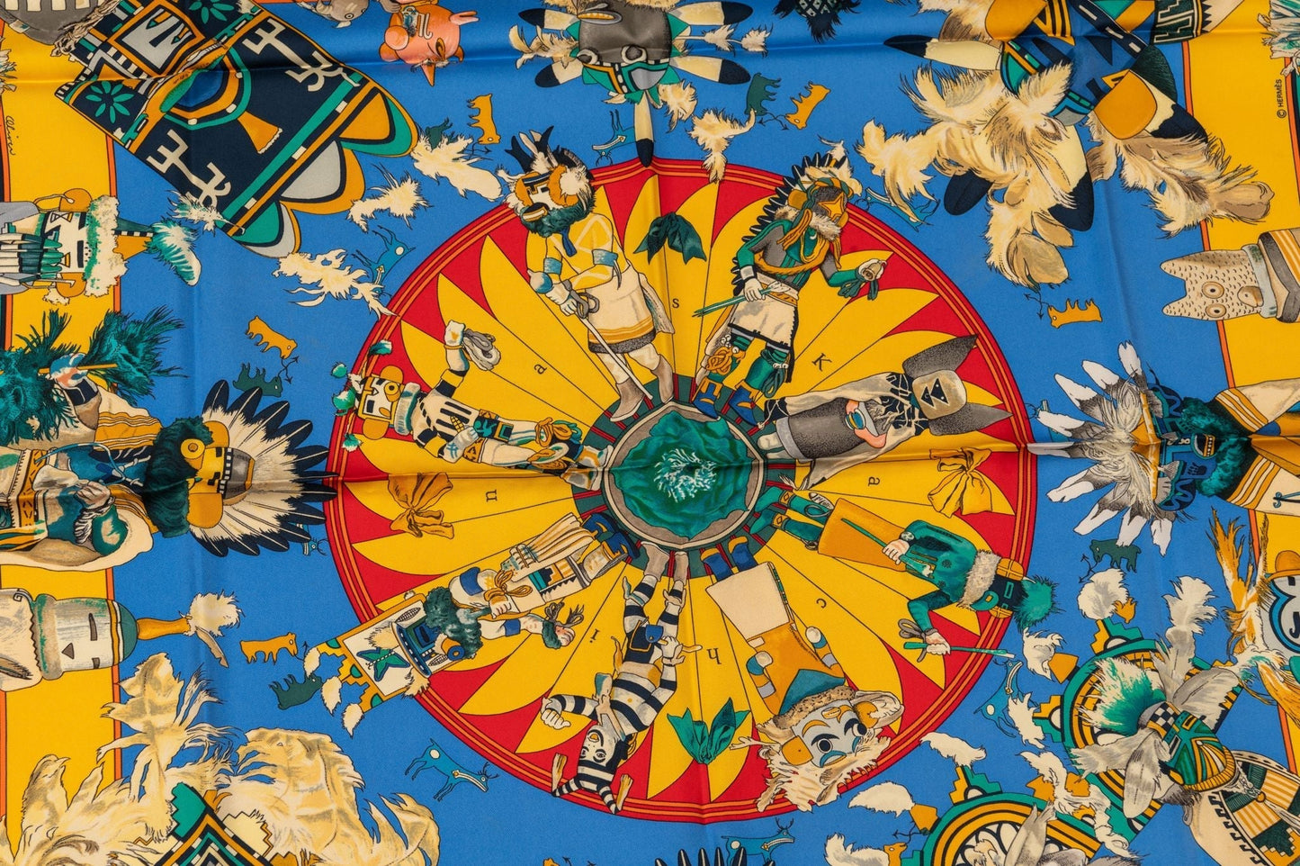 Hermes Red Yellow Silk Kachinas Scarf