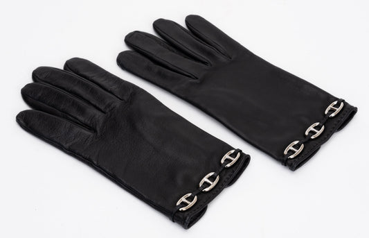 Hermes Black Lamb Chain D Ancre Gloves