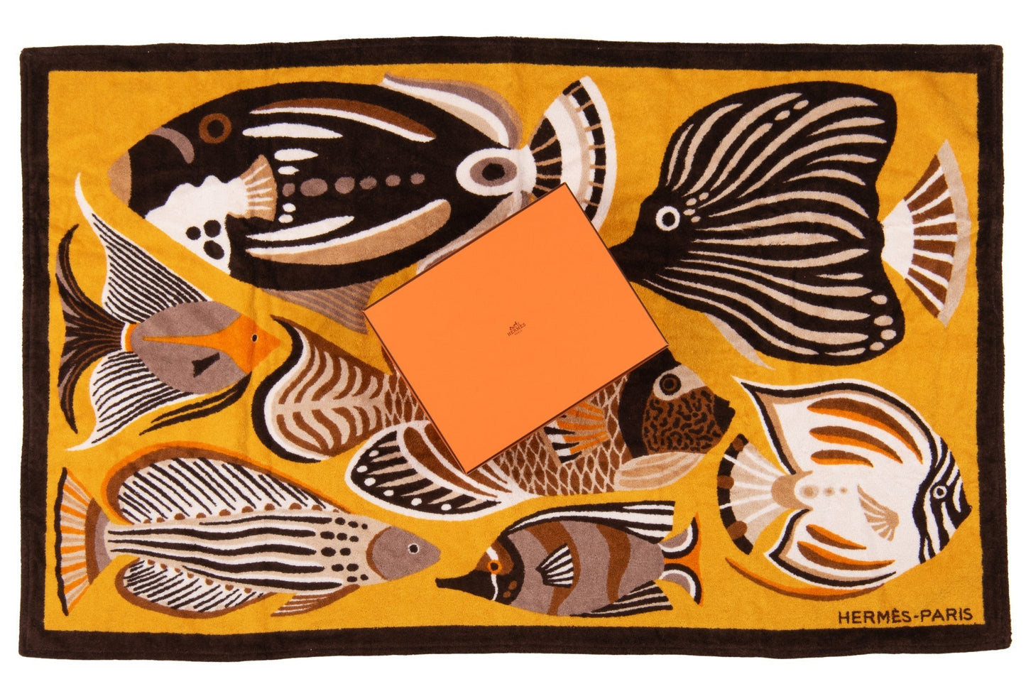 Hermes NIB Yellow Black Fish Beach Towel