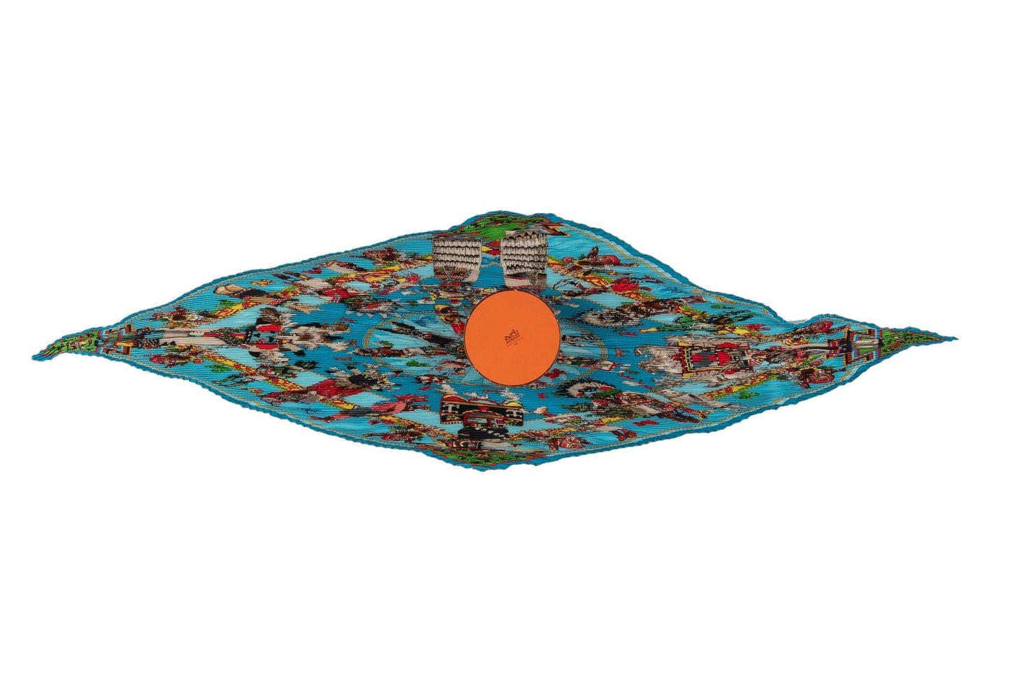 Hermes Turquoise Pleated Kachinas Scarf