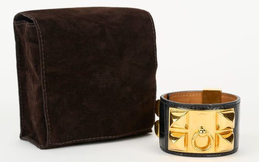 Hermes Black Croc CDC Gold Bracelet