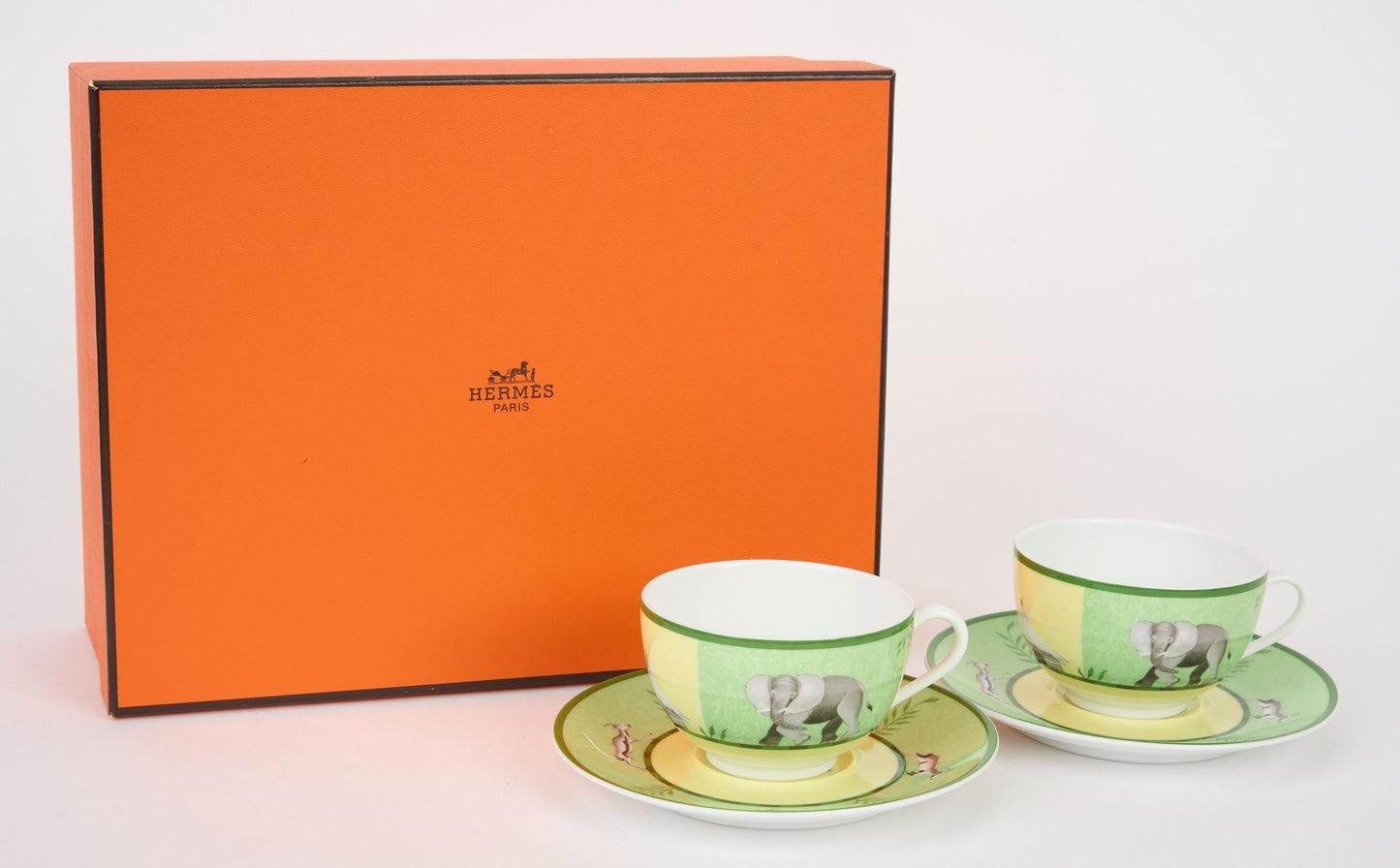 Hermes Set/2 Africa Green Teacups W/Box