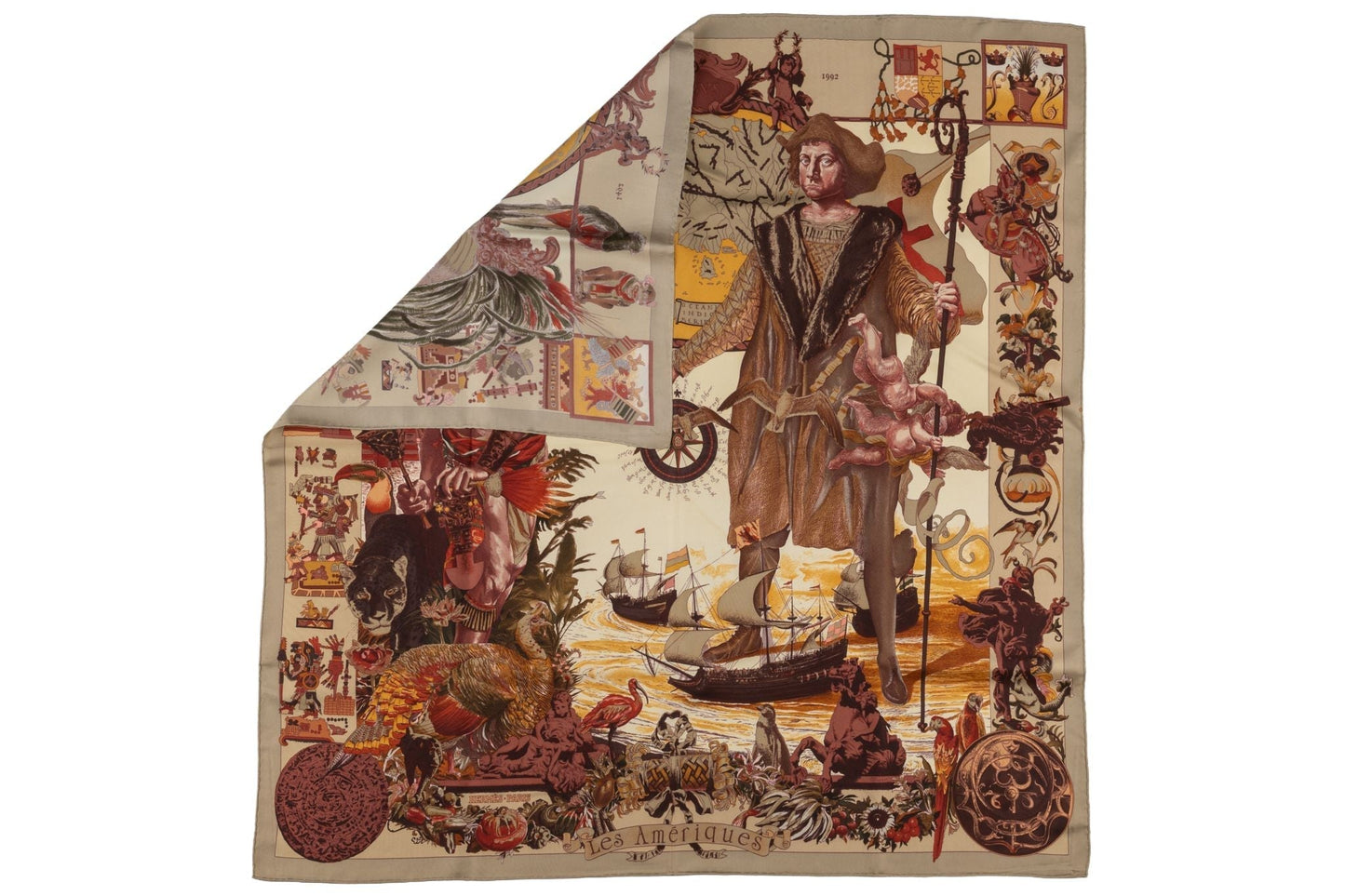 Hermes "Colombus" Taupe Silk Scarf