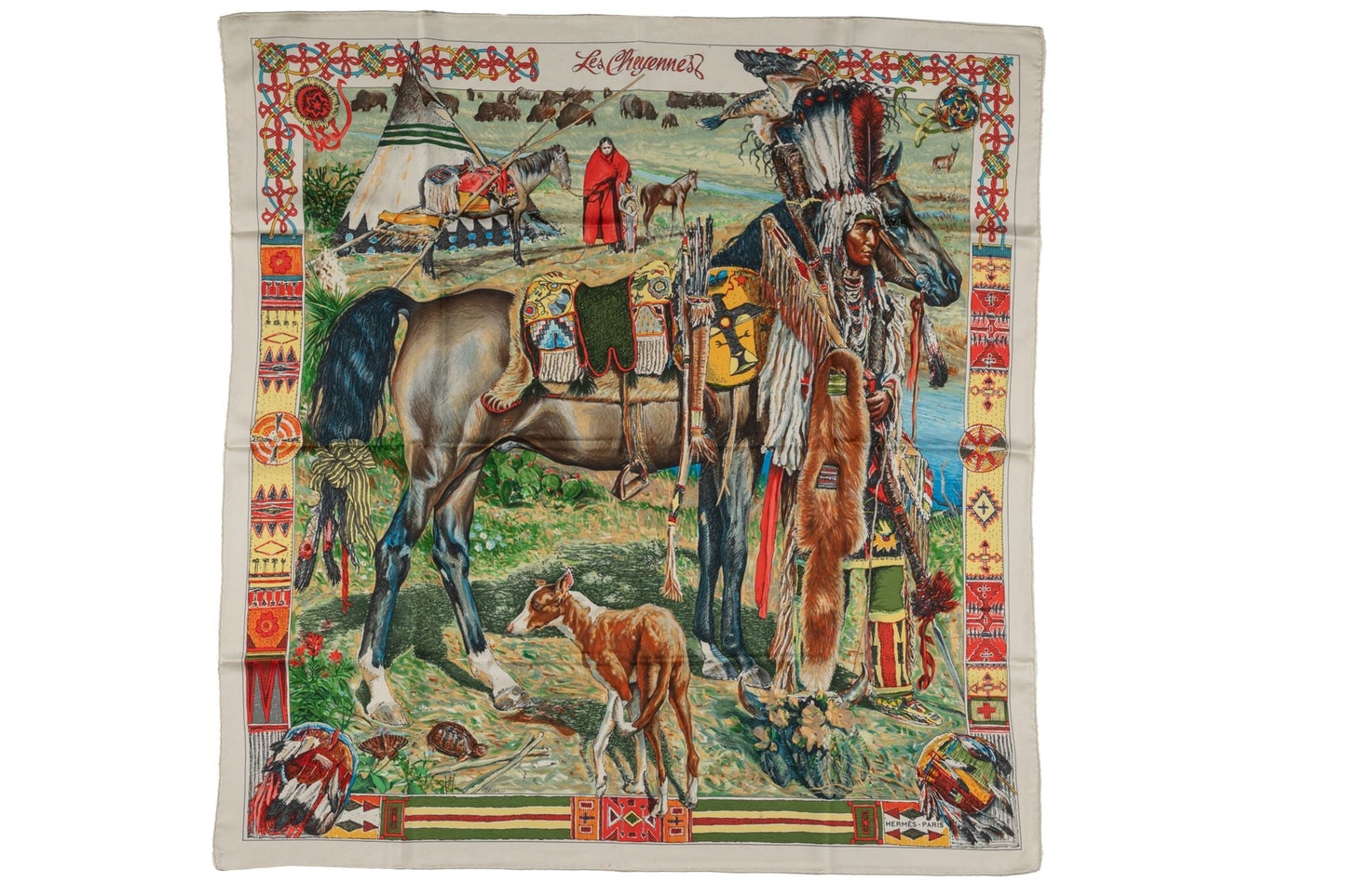 Hermes "Les Cheyennes" Cream Silk Scarf