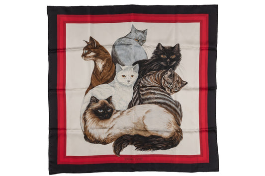 Hermes "Les Chats" Black Red Silk Scarf