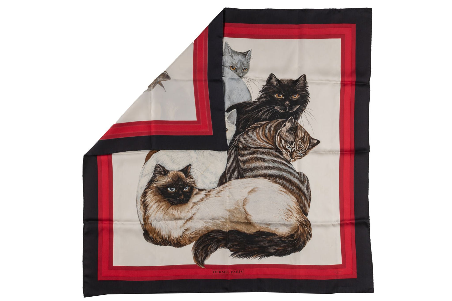 Hermes "Les Chats" Black Red Silk Scarf