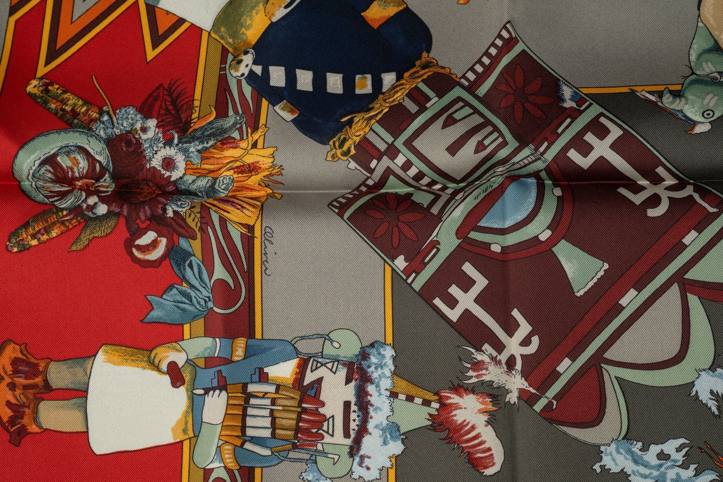 Hermes New Taupe Red Kachina Silk Scarf
