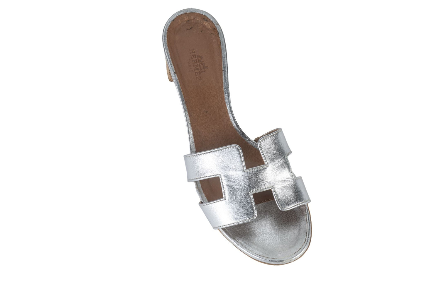 Hermes Silver Leather Oasis Slide Sandal
