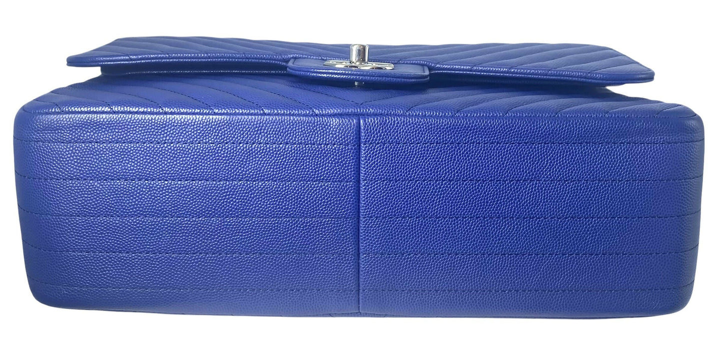 Chanel 2019 Bright Blue Caviar Chevron Quilted Jumbo Double Flap Timeless Classic Bag SHW