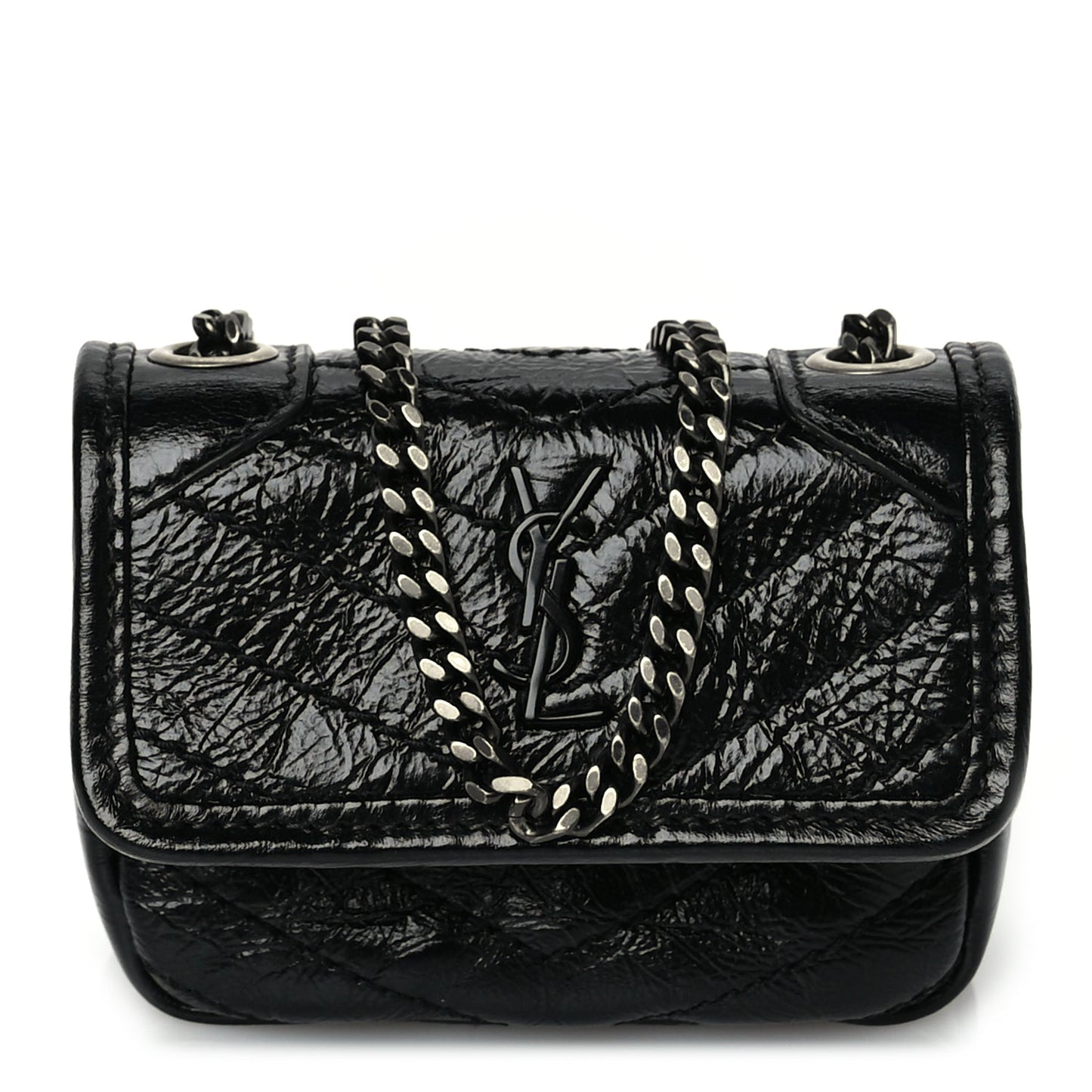 Saint Laurent Crinkled Calfskin Matelasse Monogram Niki Airpods Holder Micro Bag Black