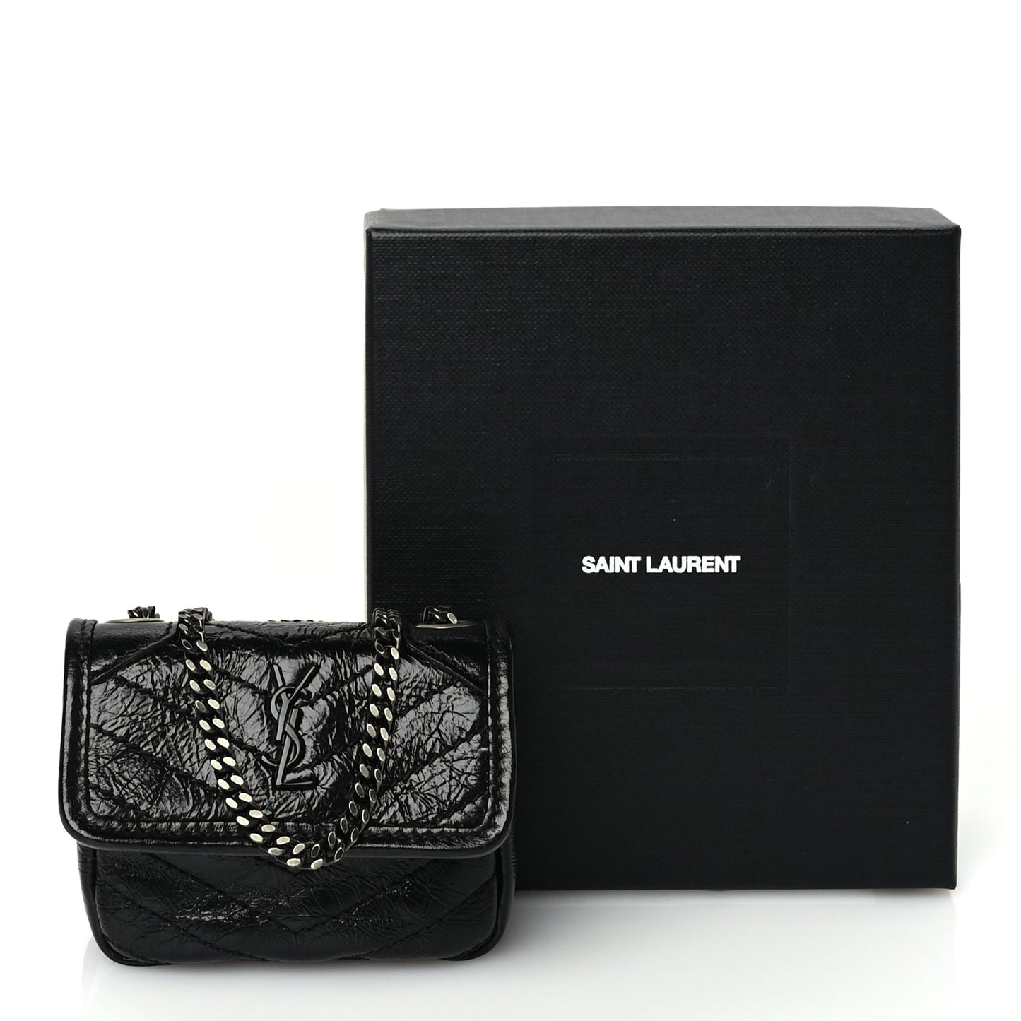 Saint Laurent Crinkled Calfskin Matelasse Monogram Niki Airpods Holder Micro Bag Black