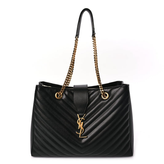Saint Laurent Grain De Poudre Matelasse Chevron Monogram Shopping Bag Black