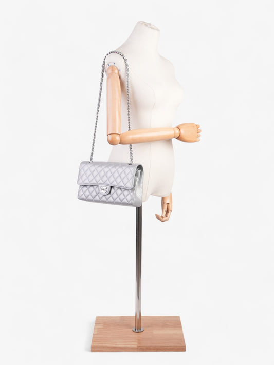Chanel Classic Double Flap Silver Lambskin Leather Medium