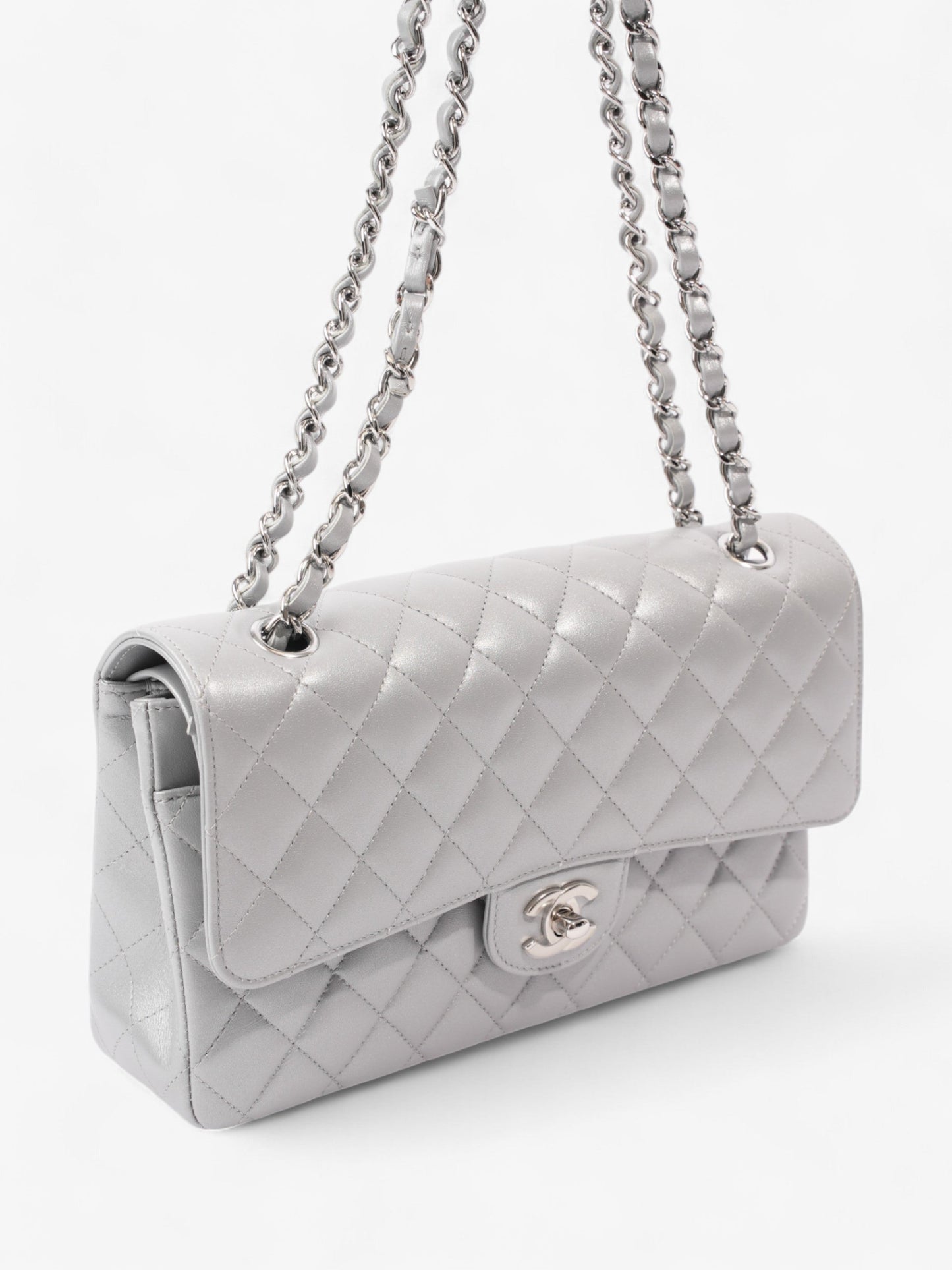 Chanel Classic Double Flap Silver Lambskin Leather Medium
