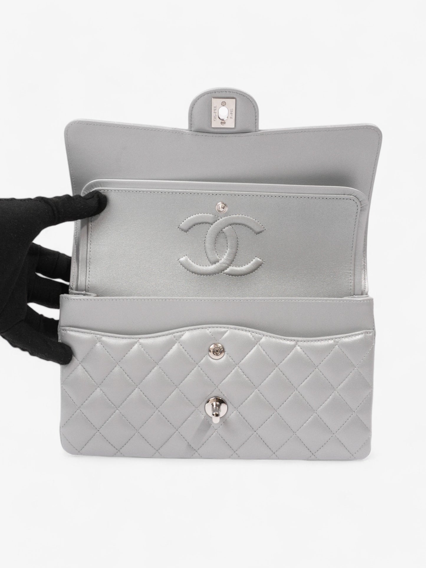 Chanel Classic Double Flap Silver Lambskin Leather Medium