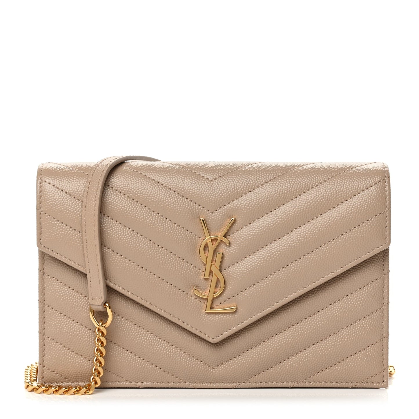 Saint Laurent Grain De Poudre Matelasse Chevron Monogram Envelope Chain Wallet Dark Beige