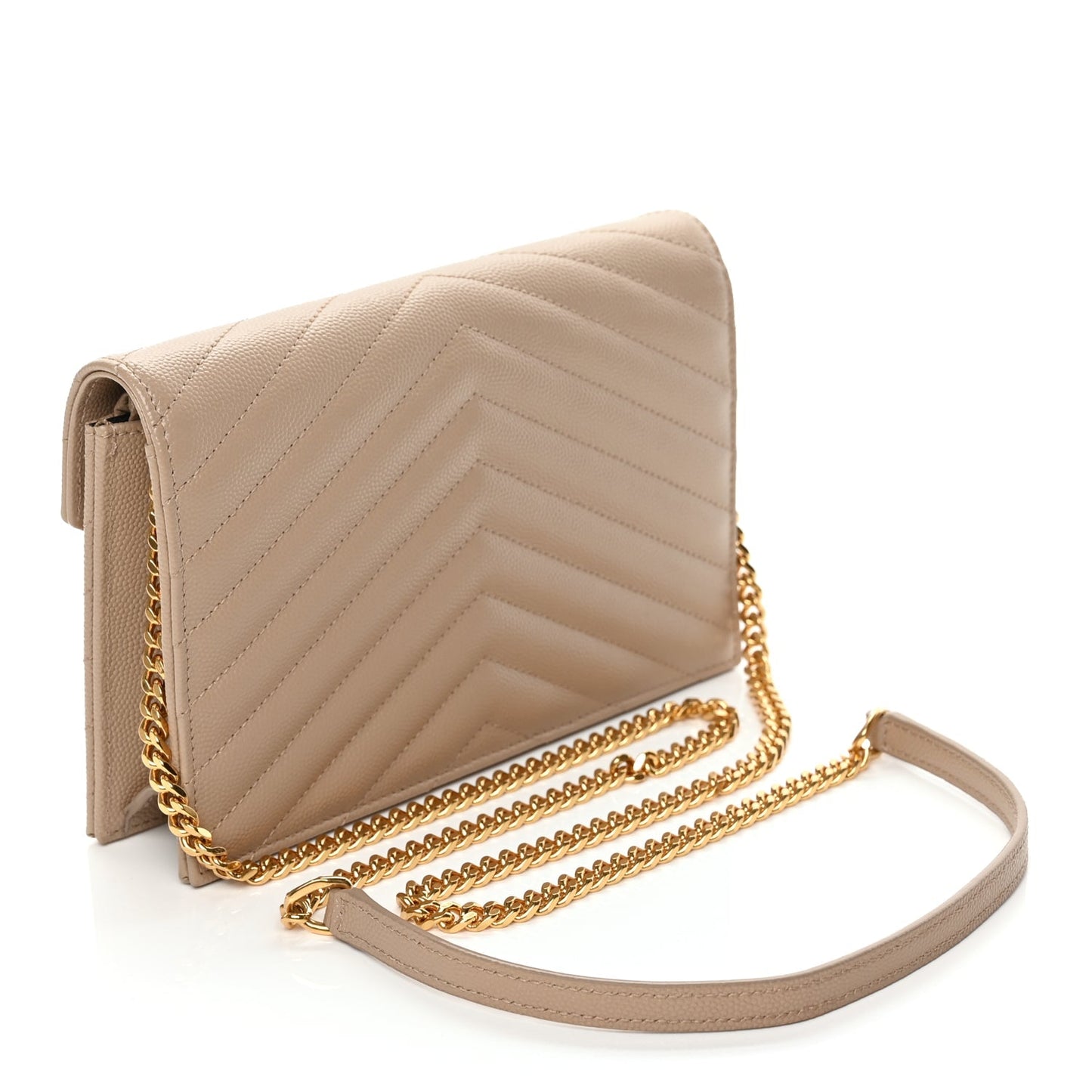 Saint Laurent Grain De Poudre Matelasse Chevron Monogram Envelope Chain Wallet Dark Beige