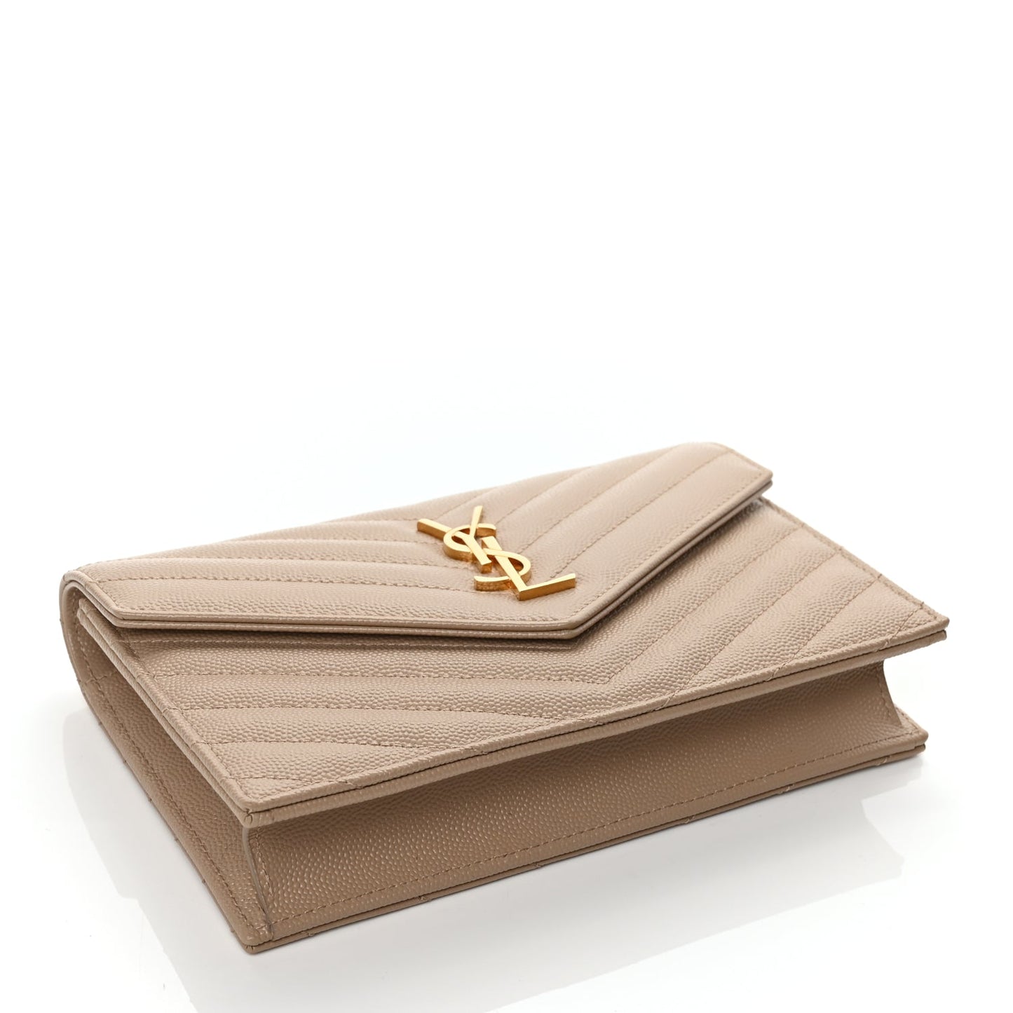 Saint Laurent Grain De Poudre Matelasse Chevron Monogram Envelope Chain Wallet Dark Beige