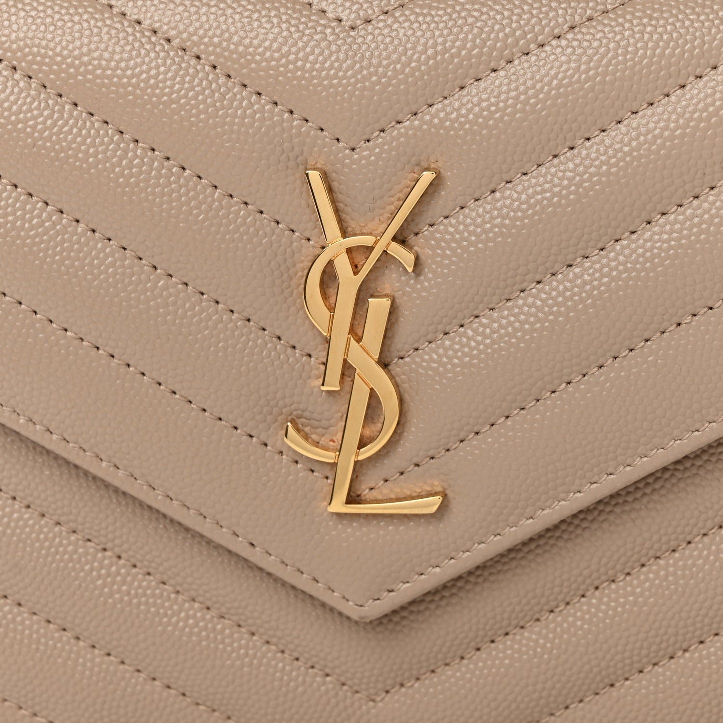 Saint Laurent Grain De Poudre Matelasse Chevron Monogram Envelope Chain Wallet Dark Beige