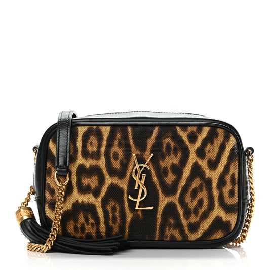Saint Laurent Canvas Calfskin Leopard Print Monogram Mini Lou Camera Bag Brown