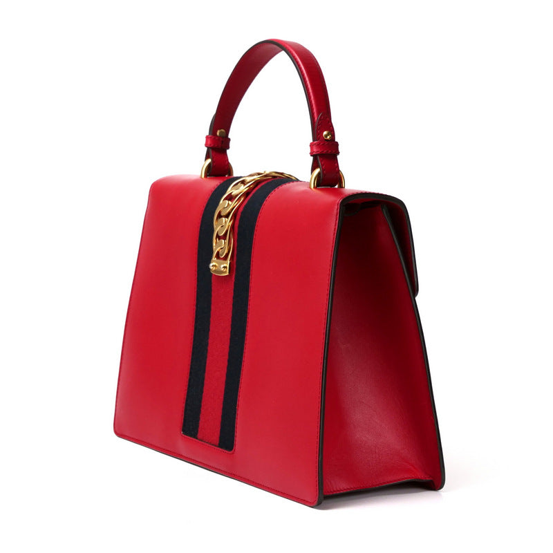 GUCCI Handbag 431665 Genuine Leather Red/Metal: Gold/Web ribbon: Navy x Red Sherry line SYLVIE Women