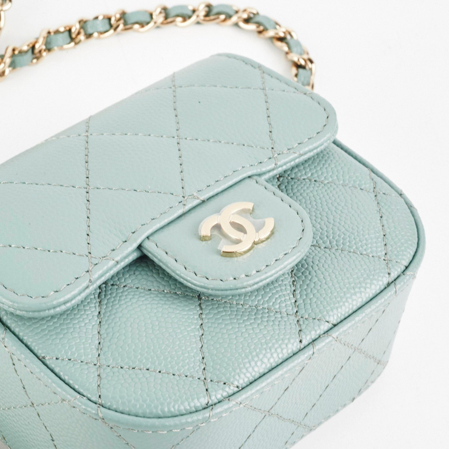 Chanel Micro Bag With Chain Greyish Green LGHW  Caviar