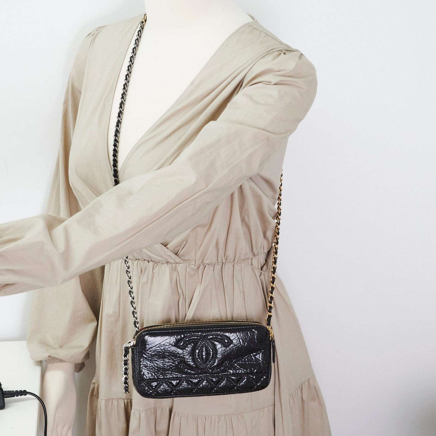 Chanel Double Zip Wallet On Chain Aged Calfskin Black