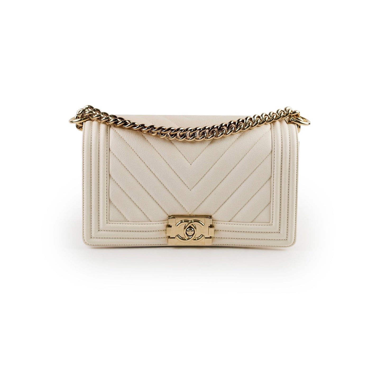 Chanel Old Medium Boy Chevron White Caviar - Series 29