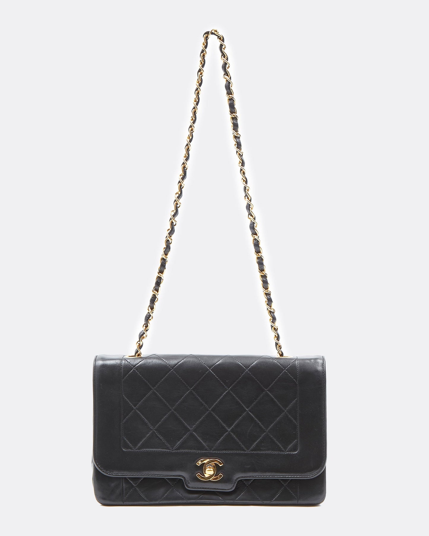 Chanel Black Lambskin Leather Quilted 24K Gold Diana Flap Bag