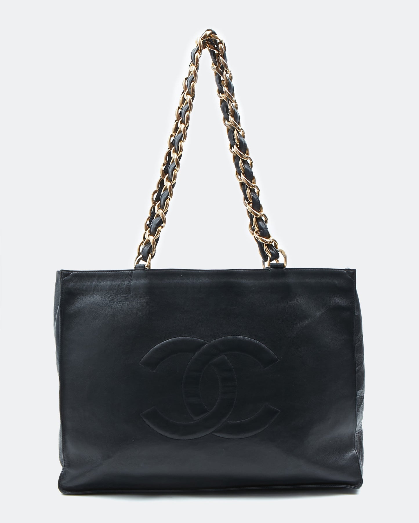 Chanel Black Lambskin   24K Gold Chain Interlocking CC Tote Bag