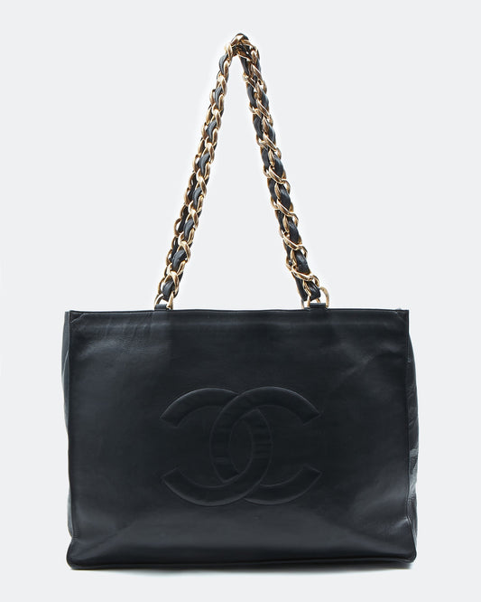 Chanel Black Lambskin   24K Gold Chain Interlocking CC Tote Bag