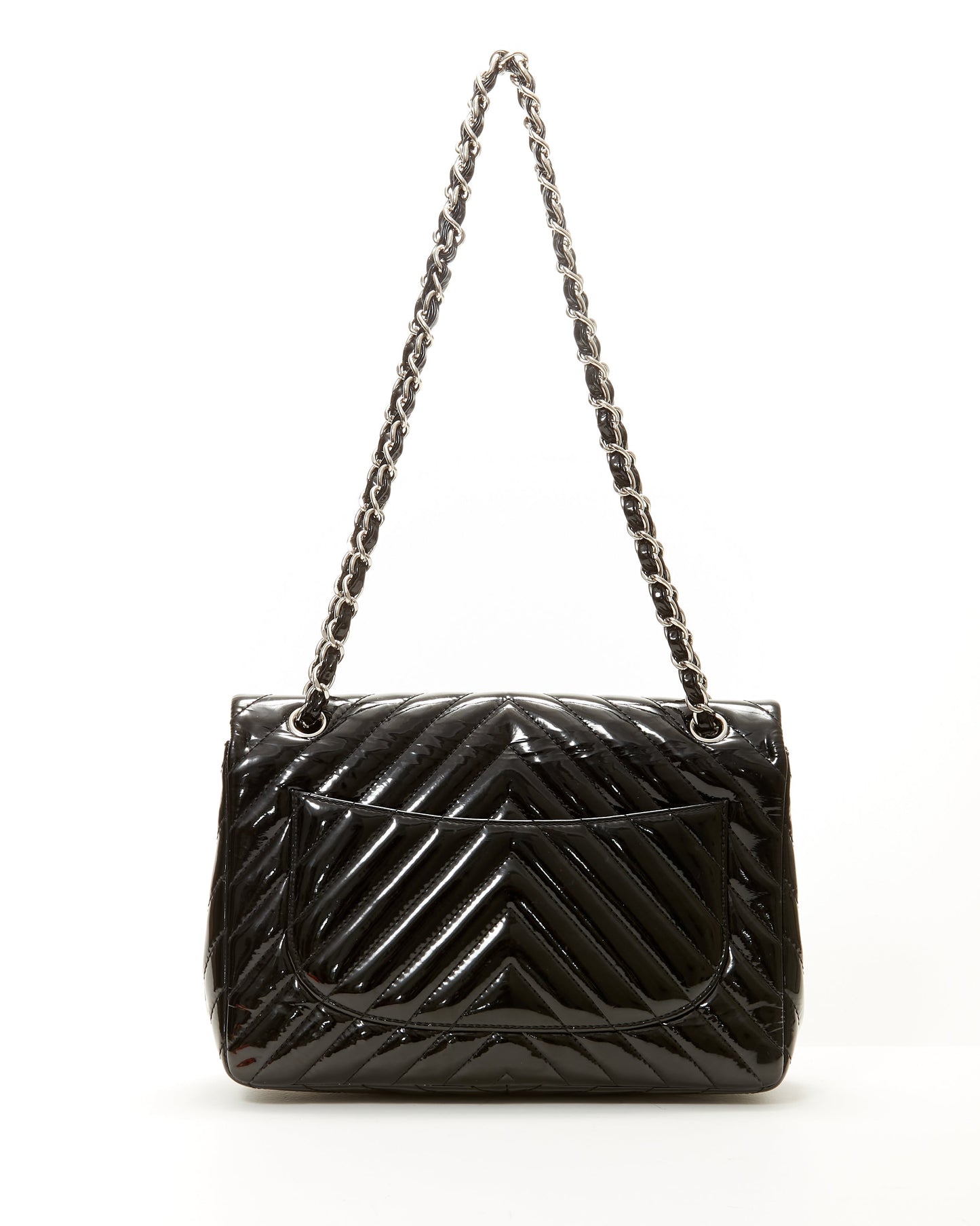 Chanel Black Patent Leather Chevron Jumbo Single Flap Bag
