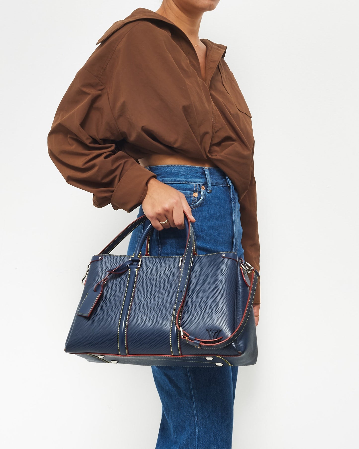 Louis Vuitton Navy Blue Epi Leather & Red Trim Souffot MM Bag