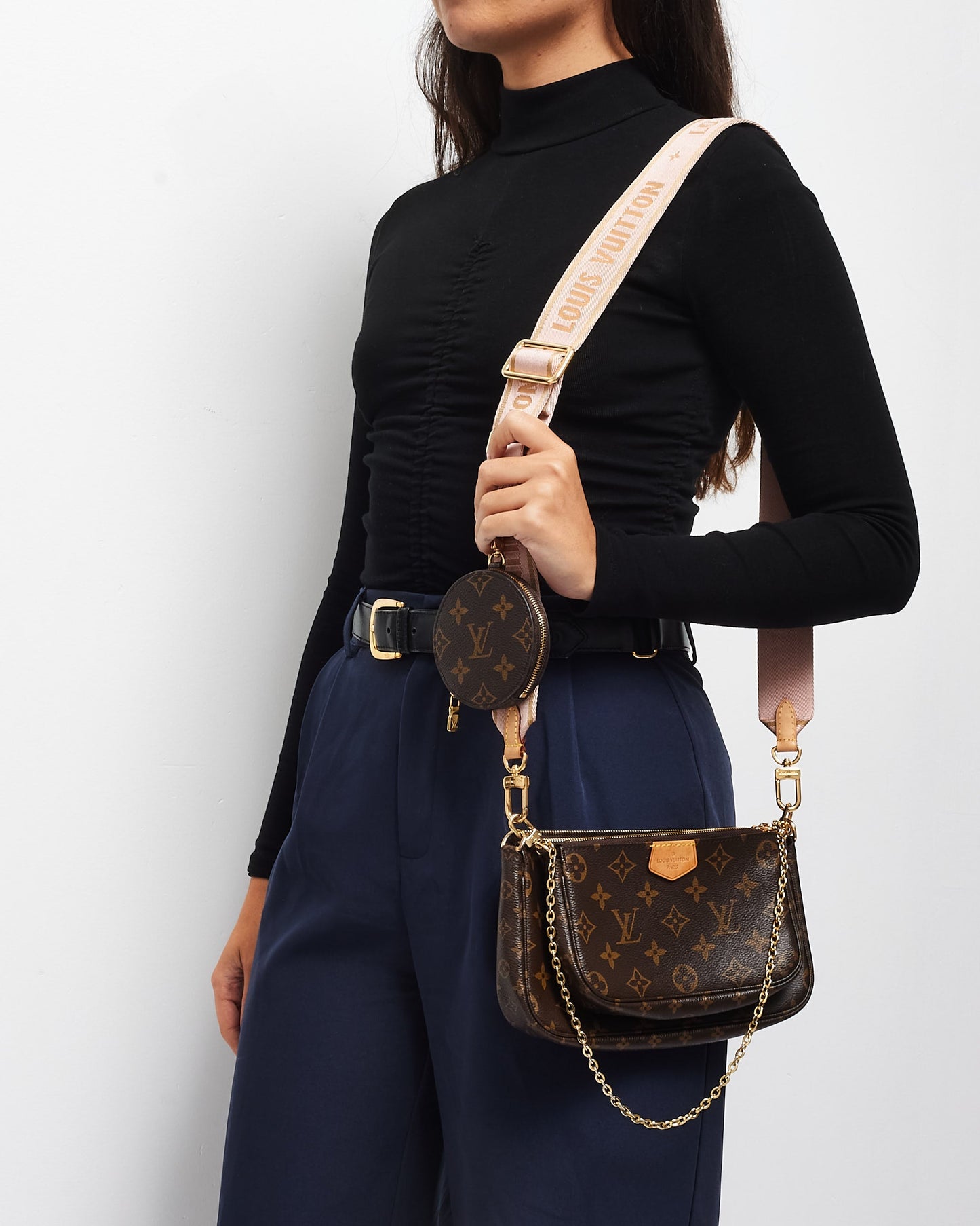 Louis Vuitton Monogram Coated Canvas & Pink Strap Multi Pochette Bag