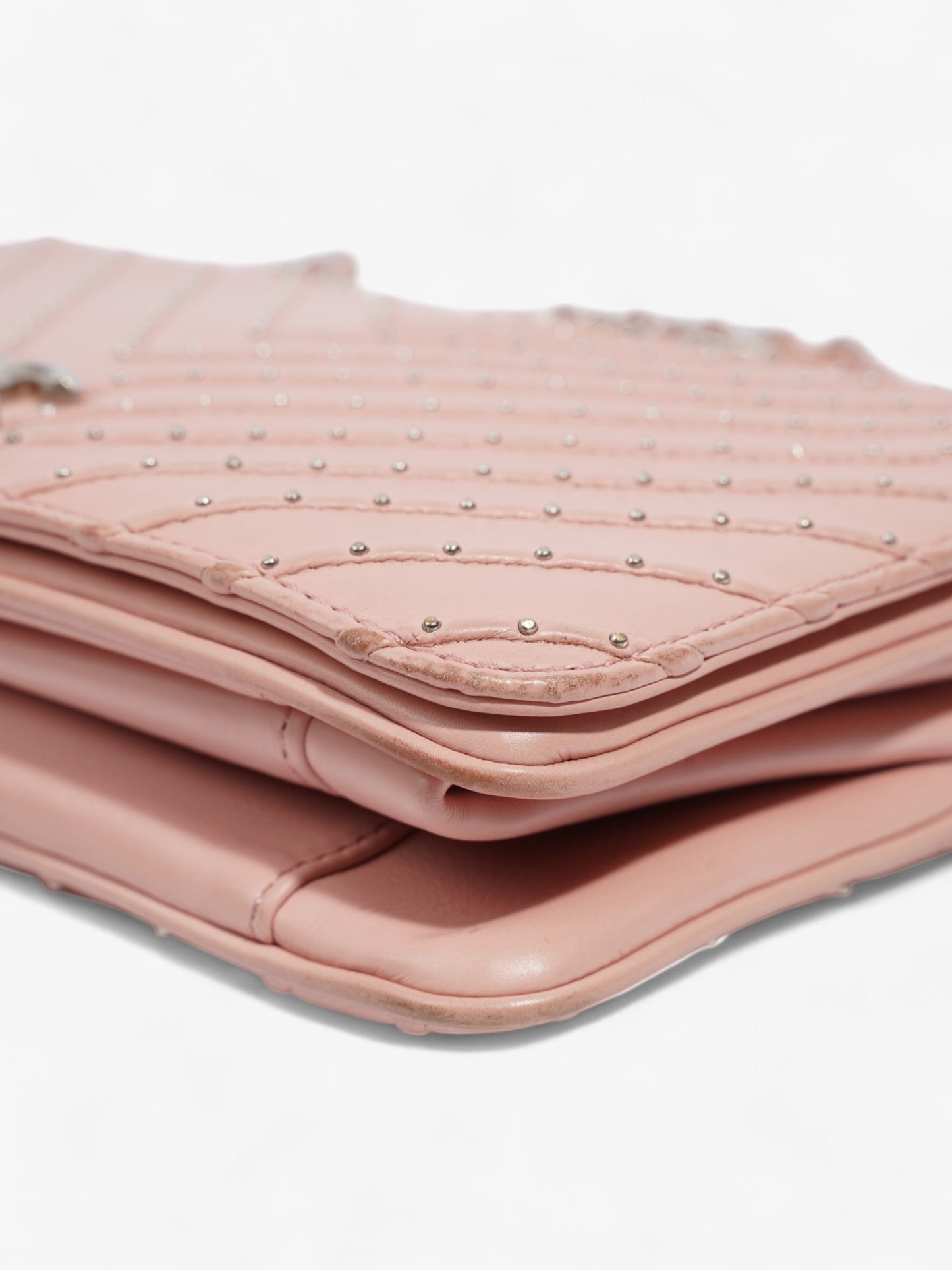 Chanel Studded Chevron Quilted Flap Pink Calfskin Leather