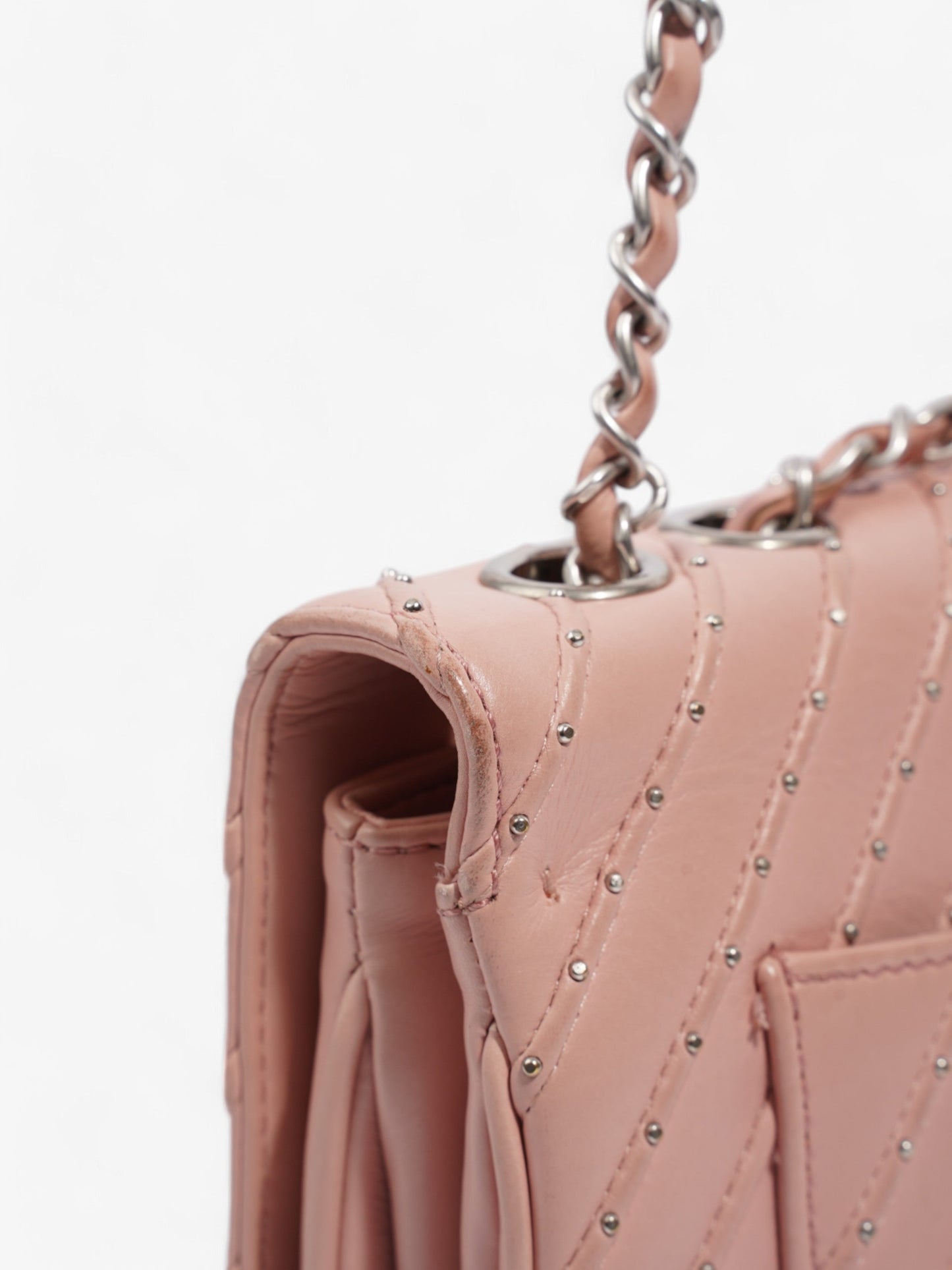 Chanel Studded Chevron Quilted Flap Pink Calfskin Leather