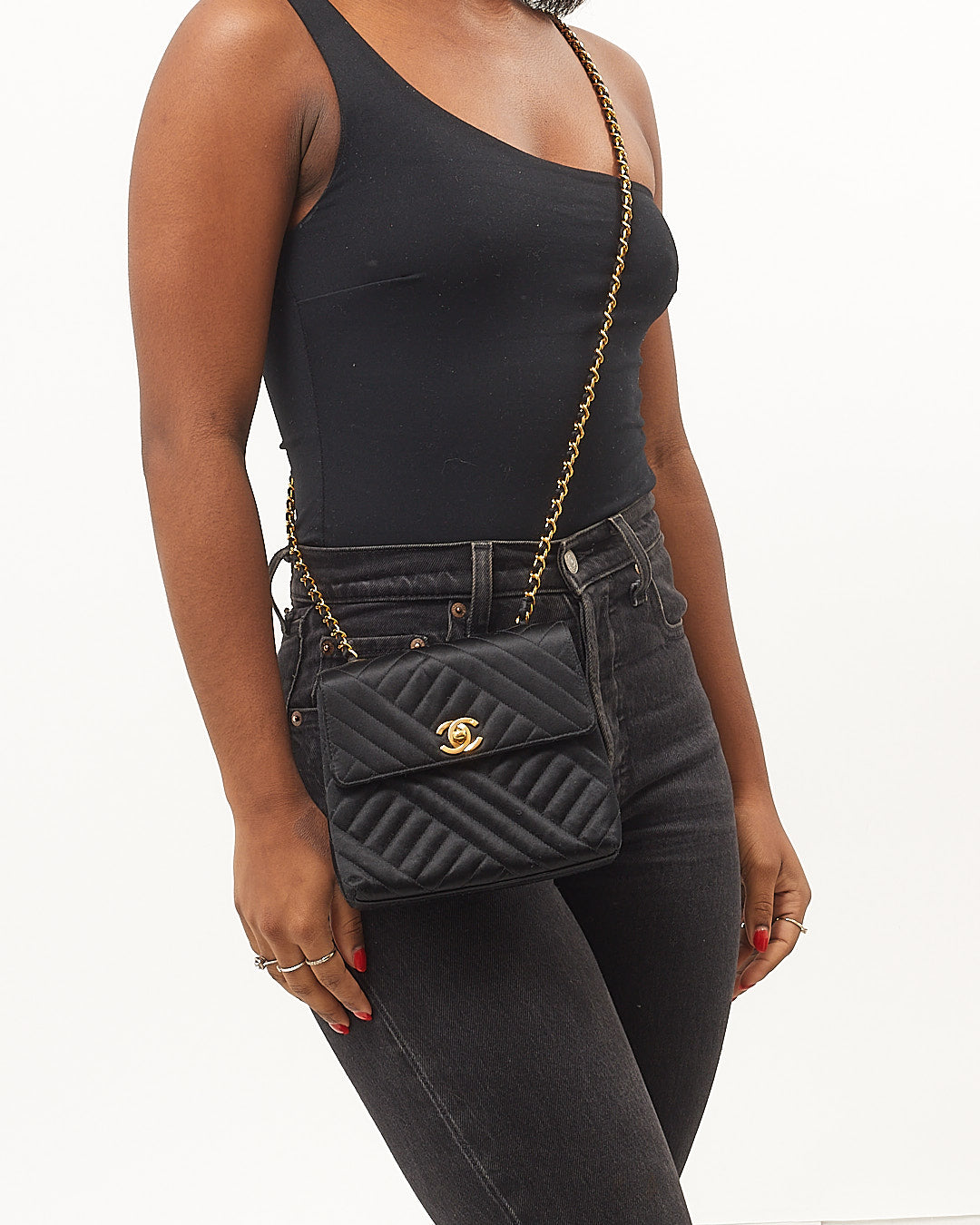 Chanel Black Satin 24K Gold Plated   Square Flap Bag
