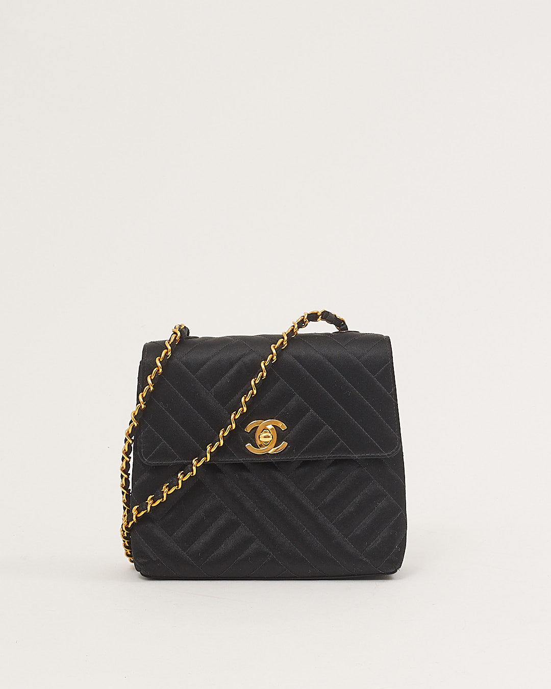 Chanel Black Satin 24K Gold Plated   Square Flap Bag
