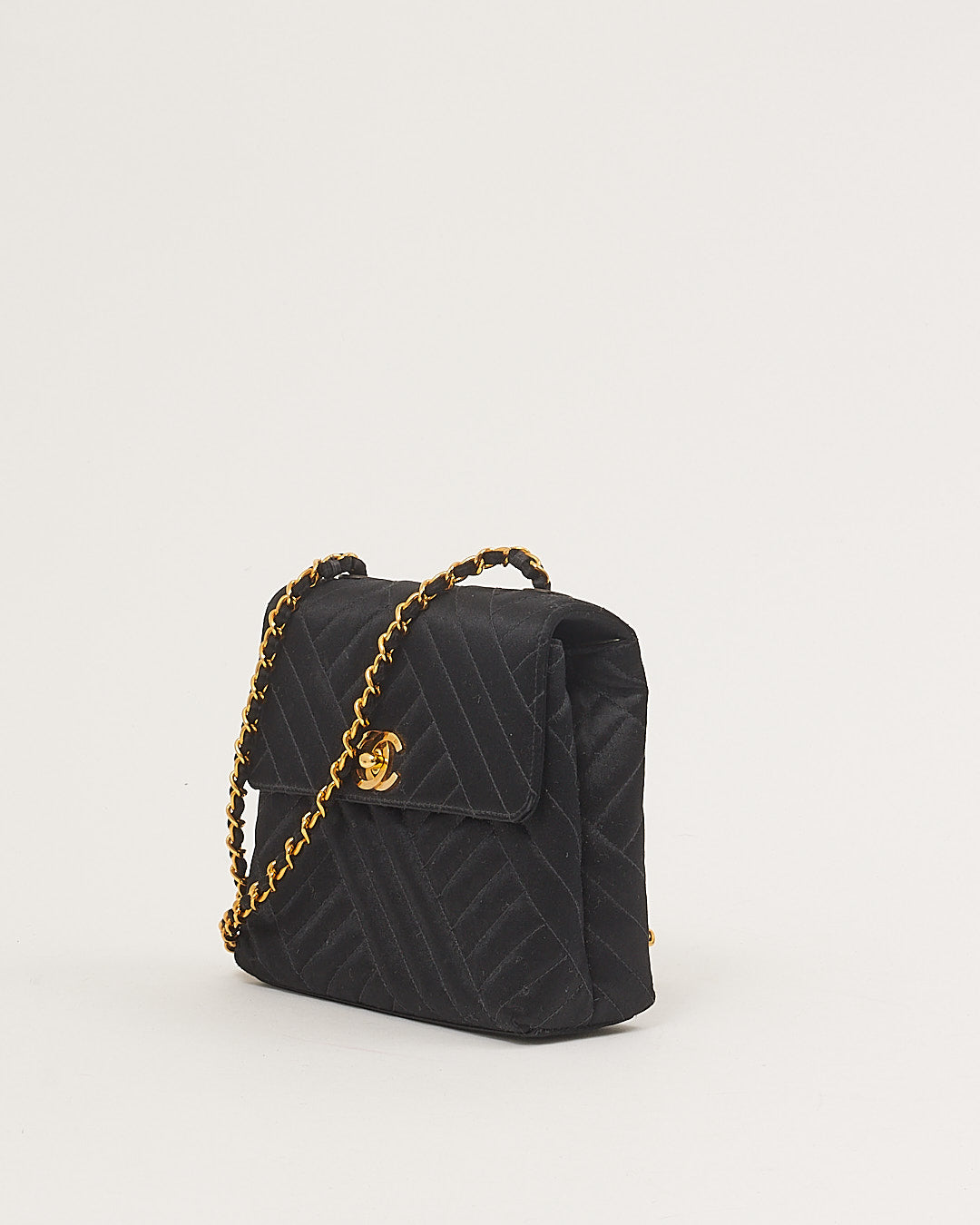 Chanel Black Satin 24K Gold Plated   Square Flap Bag