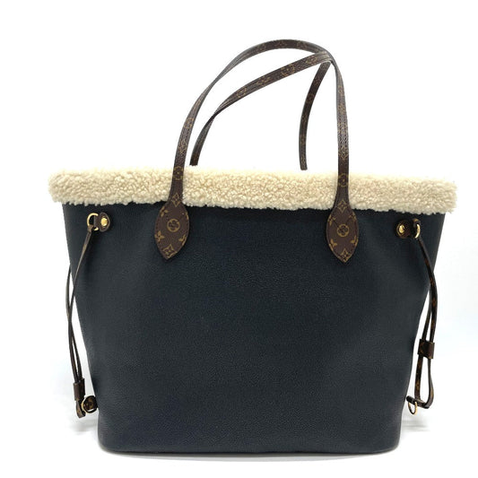 LOUIS VUITTON Tote Bag M56960 Calf leather black Shearling Monogram Flower LV Initials Neverfull MM