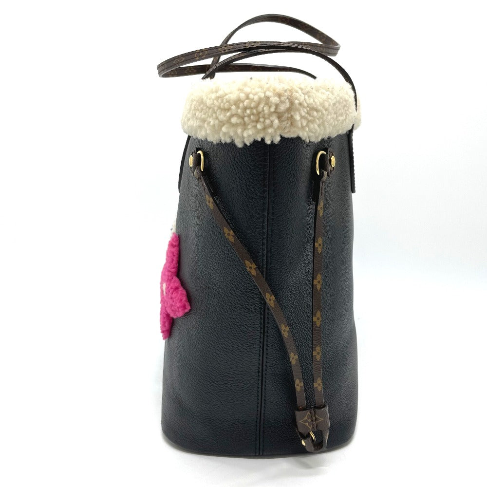 LOUIS VUITTON Tote Bag M56960 Calf leather black Shearling Monogram Flower LV Initials Neverfull MM