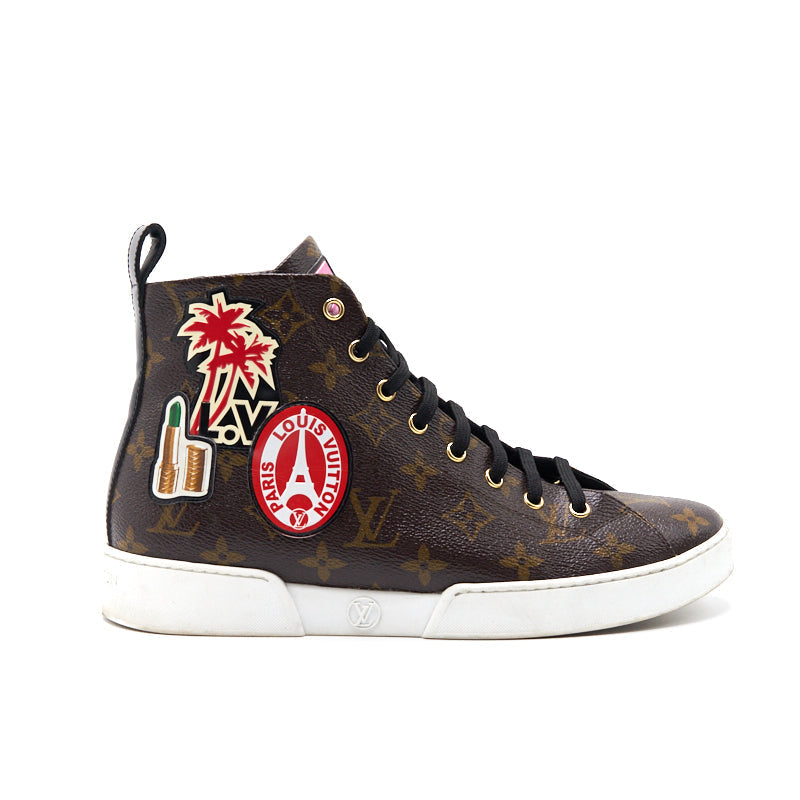 Louis Vuitton Brown Monogram Canvas and Black Leather High Top Sneakers