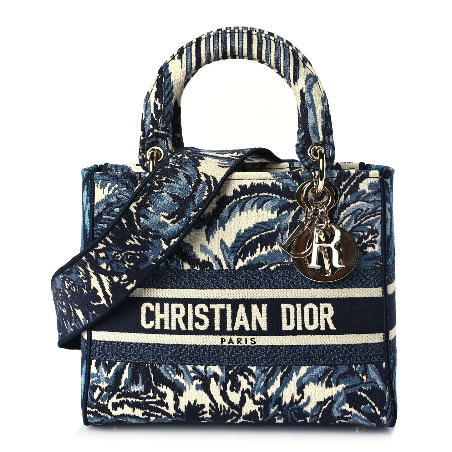 Christian Dior Canvas Embroidered Palm Tree Toile De Jouy Medium Lady D-Lite Blue