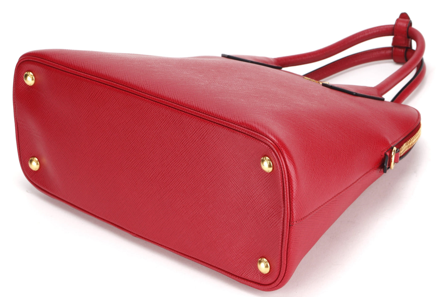 PRADA CONVERTIBLE DOME SATCHEL LARGE RED SAFFIANO LEATHER GOLD HARDWARE, WITH CARD, STRAP & DUST COVER