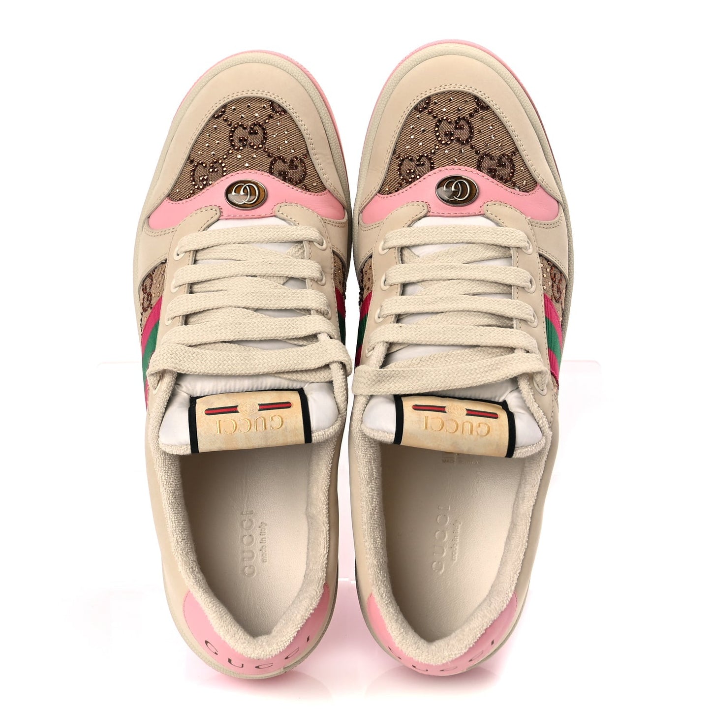 Gucci Calfskin GG Supreme Crystals Web Screener Sneakers Beige Ebony Wild Rose